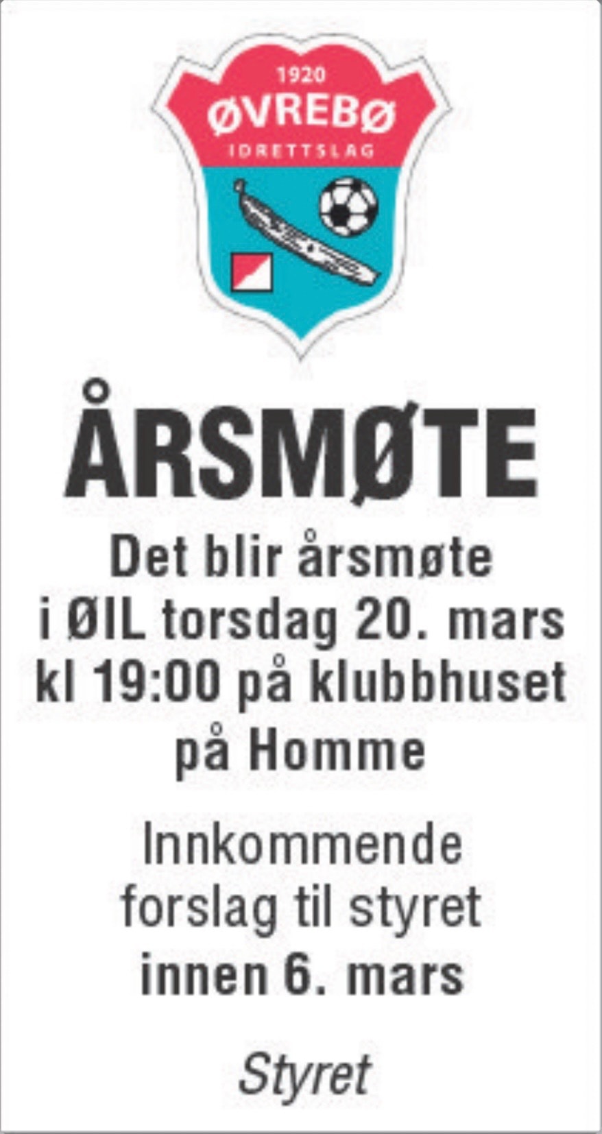 Årsmøte 20. mars kl 19 på Homme klubbhus